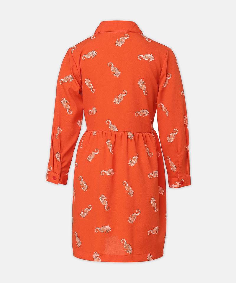 Angelic orange printed button - down girl dress