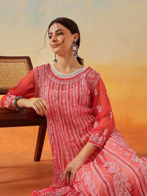Women'S Hand Embroidered Brick Red Georgette Lucknow Chikankari Anarkali Kurta 4