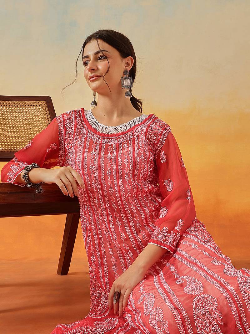 Women'S Hand Embroidered Brick Red Georgette Lucknow Chikankari Anarkali Kurta