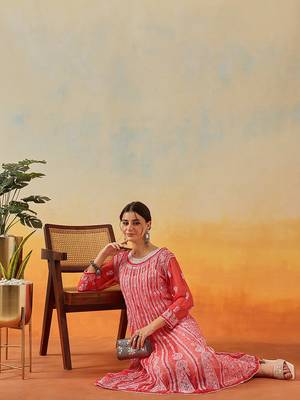 Women'S Hand Embroidered Brick Red Georgette Lucknow Chikankari Anarkali Kurta 5