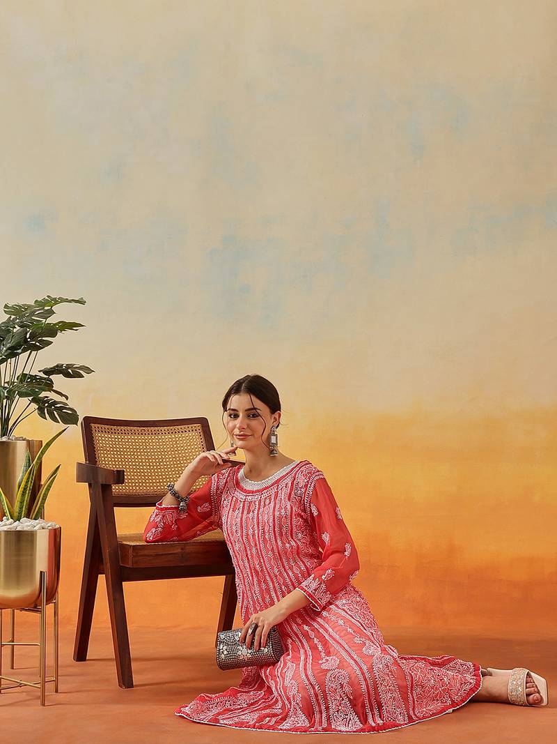 Women'S Hand Embroidered Brick Red Georgette Lucknow Chikankari Anarkali Kurta