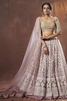 Lilac thread embroidery net semi stitched lehenga