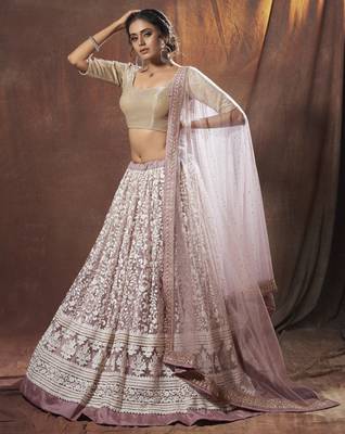 Enchanting Lilac thread embroidered net fabric Lehenga choli 2
