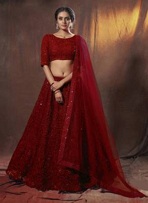 Red Net Thread and Sequin Work Lehenga 1