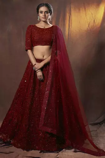 Catching Maroon thread embroidered net fabric lehenga choli for bride
