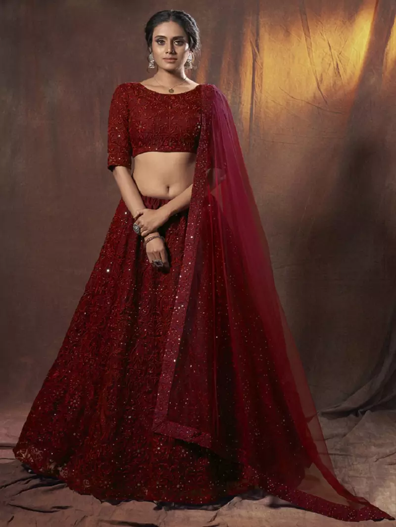 Catching Maroon thread embroidered net fabric lehenga choli for bride