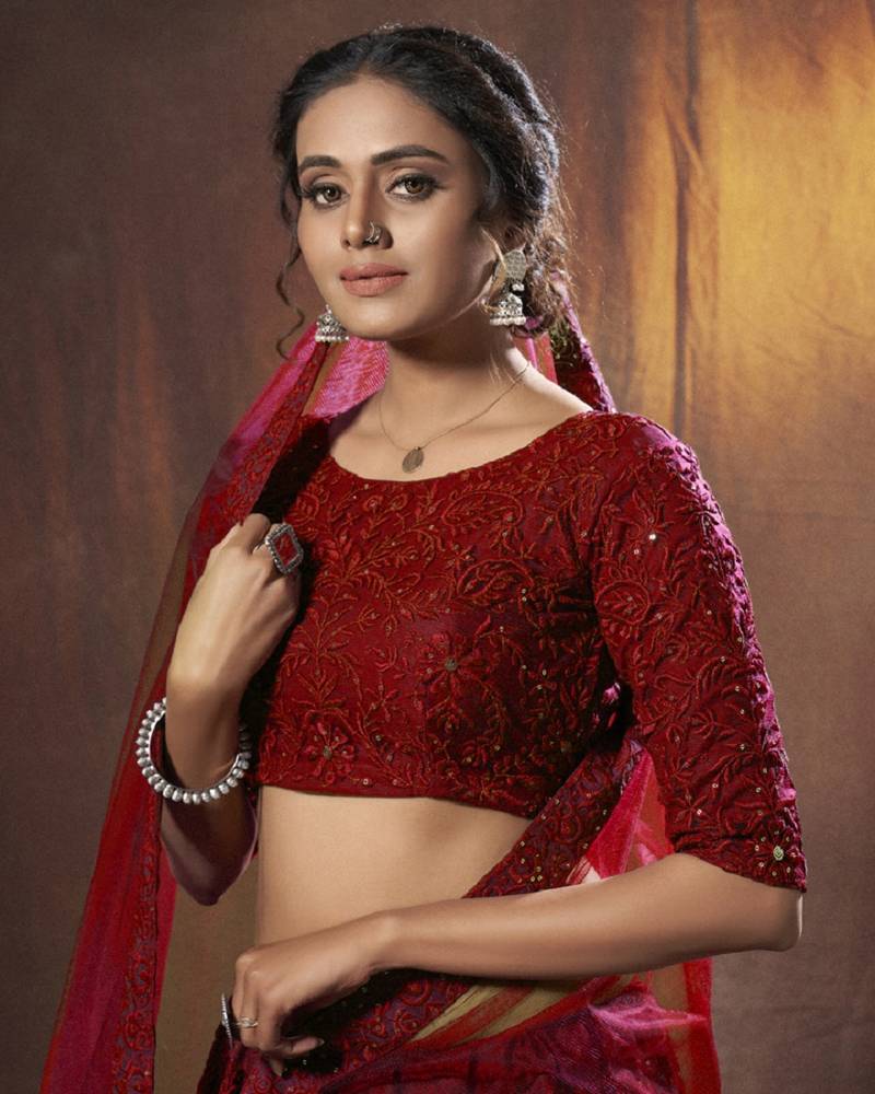 Red Net Thread and Sequin Work Lehenga