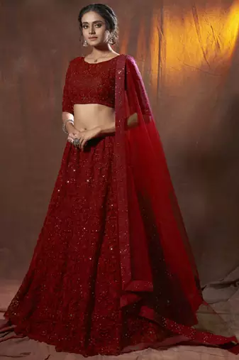 Red Net Thread and Sequin Work Lehenga
