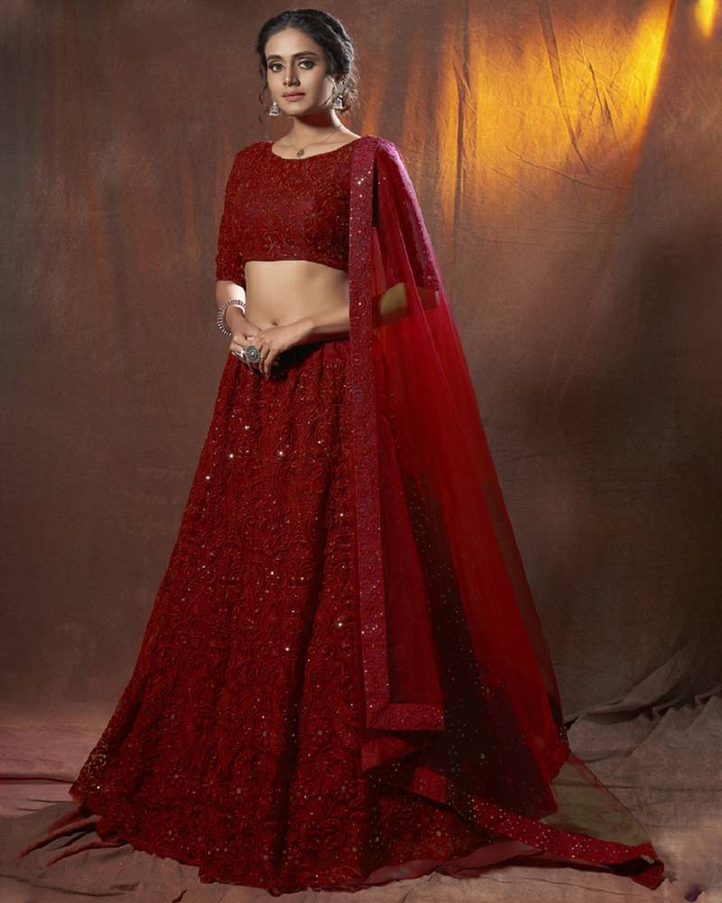 Red Net Thread and Sequin Work Lehenga