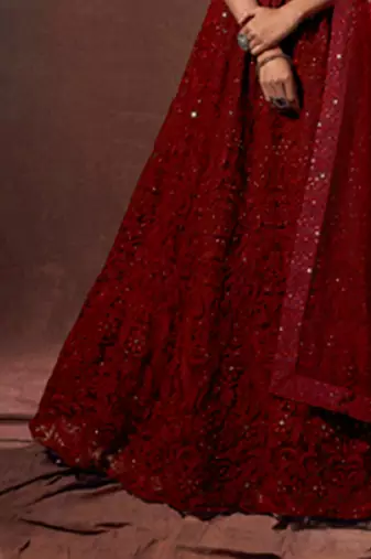 Red Net Thread and Sequin Work Lehenga