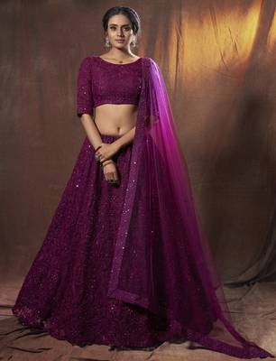  Wine Thread Embroidered Net Lehenga Choli For Wedding 1