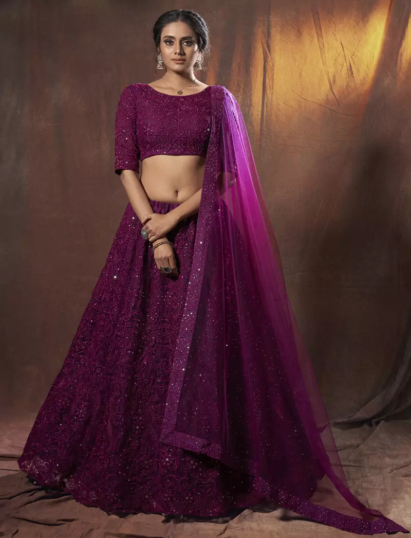 Delightful Wine thread embroidered net fabric lehenga choli for wedding