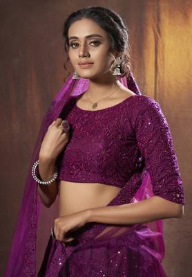  Wine Thread Embroidered Net Lehenga Choli For Wedding 2