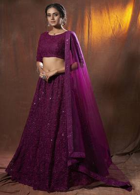  Wine Thread Embroidered Net Lehenga Choli For Wedding 3