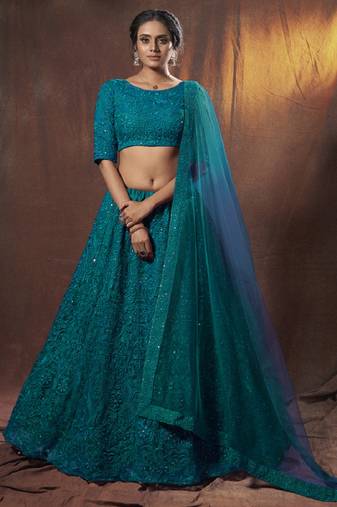 Dark-green thread embroidery net semi stitched lehenga