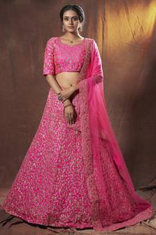 Pink embroidered art silk semi stitched lehenga