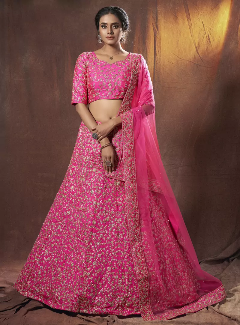 Pink embroidered art silk semi stitched lehenga