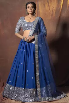 Blue embroidered georgette semi stitched lehenga
