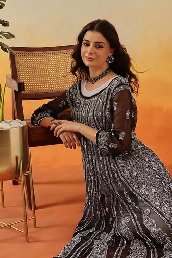 Women'S Hand Embroidered Black Georgette Lucknow Chikankari Anarkali Kurta