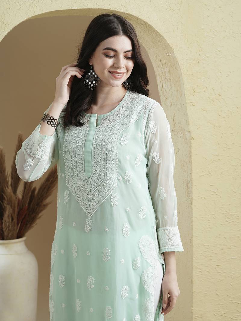 Women'S Hand Embroidered Sea Green Georgette Lucknow Chikankari Kurta With Slip