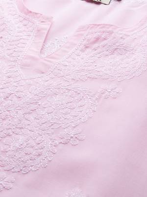 Hand Embroidered Baby Pink Cotton Lucknow Chikankari Women Kurta 5