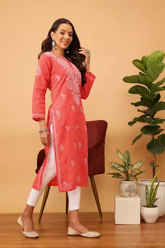 Hand Embroidered Coral Red Cotton Lucknow Chikankari Women Kurti