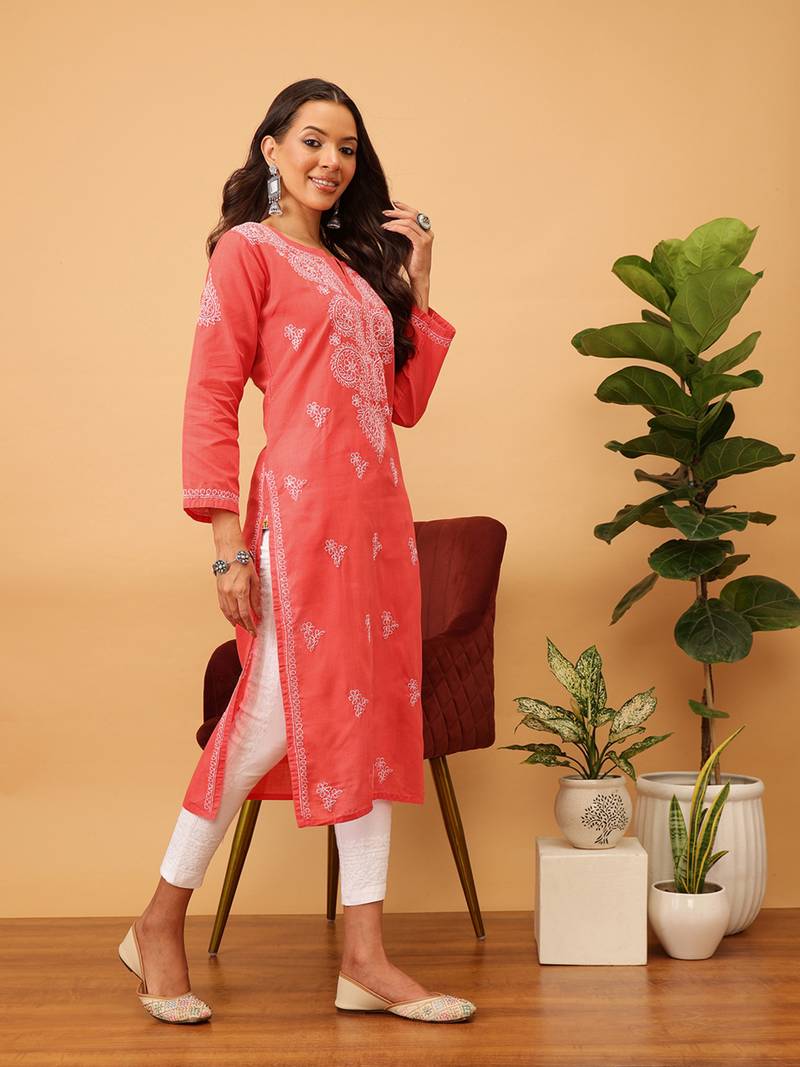 Hand Embroidered Coral Red Cotton Lucknow Chikankari Women Kurti