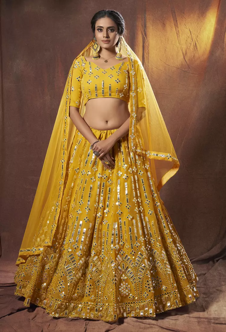 Delightful Yellow resham embroidered georgette semi stitched lehenga choli for wedding