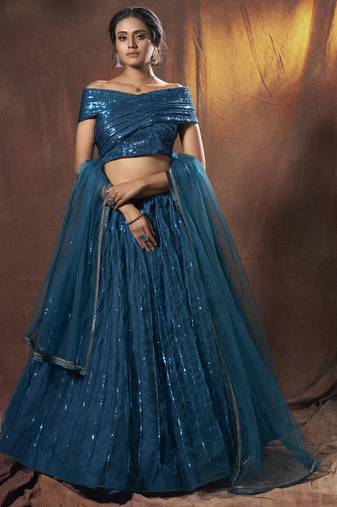 Dark-green resham embroidery net semi stitched lehenga