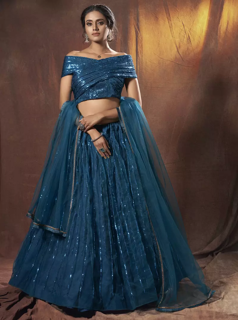 Dark-green resham embroidery net semi stitched lehenga