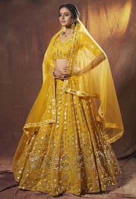  Yellow Resham Embroidered Georgette Semi Stitched Lehenga Choli For Wedding 3
