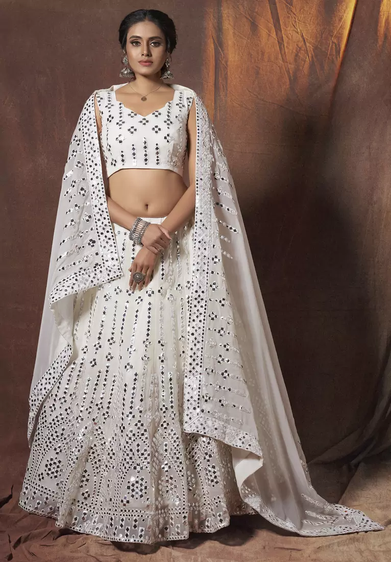 White resham embroidery georgette semi stitched lehenga