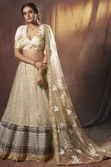 Beige resham embroidery net semi stitched lehenga