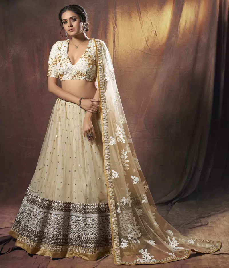 Beige resham embroidery net semi stitched lehenga