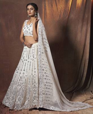 Graceful White resham embroidered georgette Lehenga choli for women 3
