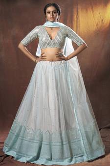 Light-blue resham embroidery net semi stitched lehenga
