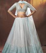 Light-blue resham embroidery net semi stitched lehenga