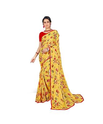 Pisara  Mustard Chiffon Siroski work lace border  Saree 1