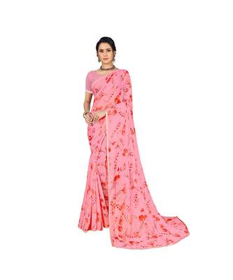 Pisara  Pink Chiffon Siroski work lace border  Saree 1