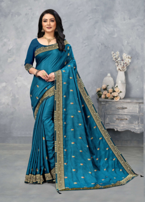 Teal Blue VICHITRA SILK Designer Saree 1