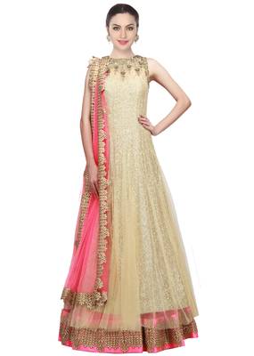 Beige Heavy Sequins Golden Designer Embroidered Net Semi Stitched Gown 1