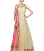 Beige Heavy Sequins Golden Designer Embroidered Net Semi Stitched Gown