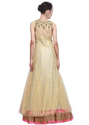 Beige Heavy Sequins Golden Designer Embroidered Net Semi Stitched Gown 2