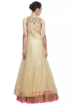 Beige Heavy Sequins Golden Designer Embroidered Net Semi Stitched Gown