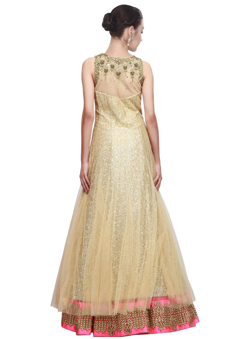 Beige Heavy Sequins Golden Designer Embroidered Net Semi Stitched Gown