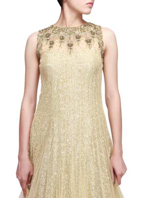 Beige Heavy Sequins Golden Designer Embroidered Net Semi Stitched Gown 3