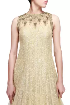 Beige Heavy Sequins Golden Designer Embroidered Net Semi Stitched Gown