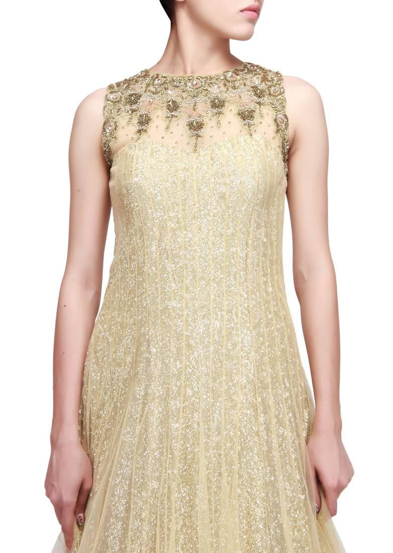 Beige Heavy Sequins Golden Designer Embroidered Net Semi Stitched Gown