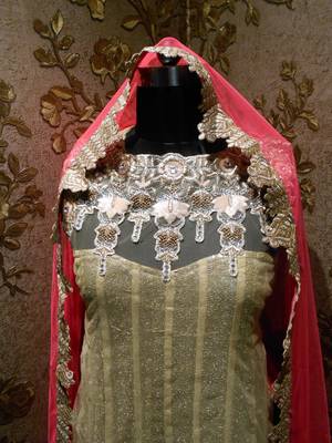Beige Heavy Sequins Golden Designer Embroidered Net Semi Stitched Gown 4