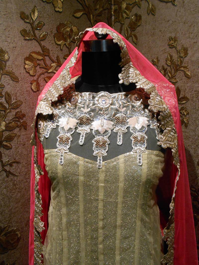 Beige Heavy Sequins Golden Designer Embroidered Net Semi Stitched Gown